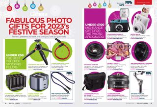 Image of opening spread of gift guide article in Digital Camera magazine issue 275